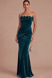 Burgundy Mermaid Strapless Ruched Maxi Wedding Guest Dress with Ruffles