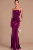 Burgundy Mermaid Strapless Ruched Maxi Wedding Guest Dress with Ruffles