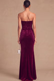 Burgundy Mermaid Strapless Ruched Maxi Wedding Guest Dress with Ruffles