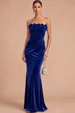 Burgundy Mermaid Strapless Ruched Maxi Wedding Guest Dress with Ruffles
