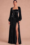 Brown Corset Velvet Square Neck Long Sleeves Wedding Guest Dress with Slit