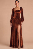 Brown Corset Velvet Square Neck Long Sleeves Wedding Guest Dress with Slit