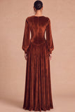 Brown Corset Velvet Square Neck Long Sleeves Wedding Guest Dress with Slit