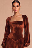 Brown Corset Velvet Square Neck Long Sleeves Wedding Guest Dress with Slit