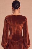 Brown Corset Velvet Square Neck Long Sleeves Wedding Guest Dress with Slit