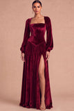 Brown Corset Velvet Square Neck Long Sleeves Wedding Guest Dress with Slit