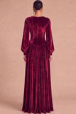 Brown Corset Velvet Square Neck Long Sleeves Wedding Guest Dress with Slit
