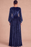 Brown Corset Velvet Square Neck Long Sleeves Wedding Guest Dress with Slit