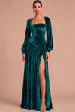 Brown Corset Velvet Square Neck Long Sleeves Wedding Guest Dress with Slit