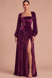 Brown Corset Velvet Square Neck Long Sleeves Wedding Guest Dress with Slit
