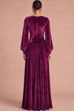 Brown Corset Velvet Square Neck Long Sleeves Wedding Guest Dress with Slit