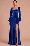 Brown Corset Velvet Square Neck Long Sleeves Wedding Guest Dress with Slit