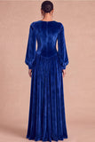 Brown Corset Velvet Square Neck Long Sleeves Wedding Guest Dress with Slit