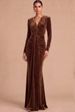 Dark Green Mermaid V-Neck Ruched Long Sleeves Wedding Guest Dress