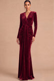 Dark Green Mermaid V-Neck Ruched Long Sleeves Wedding Guest Dress
