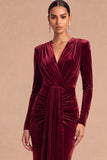 Dark Green Mermaid V-Neck Ruched Long Sleeves Wedding Guest Dress
