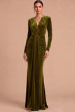 Dark Green Mermaid V-Neck Ruched Long Sleeves Wedding Guest Dress