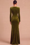 Dark Green Mermaid V-Neck Ruched Long Sleeves Wedding Guest Dress