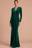 Dark Green Mermaid V-Neck Ruched Long Sleeves Wedding Guest Dress