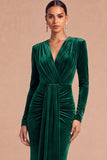 Dark Green Mermaid V-Neck Ruched Long Sleeves Wedding Guest Dress