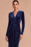 Dark Green Mermaid V-Neck Ruched Long Sleeves Wedding Guest Dress