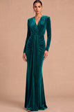 Dark Green Mermaid V-Neck Ruched Long Sleeves Wedding Guest Dress