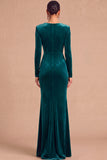 Dark Green Mermaid V-Neck Ruched Long Sleeves Wedding Guest Dress