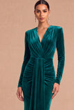 Dark Green Mermaid V-Neck Ruched Long Sleeves Wedding Guest Dress