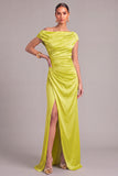 Chartreuse Mermaid One Shoulder Ruched Long Wedding Guest Dress with Slit