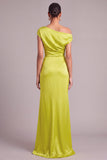Chartreuse Mermaid One Shoulder Ruched Long Wedding Guest Dress with Slit