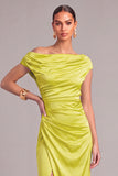 Chartreuse Mermaid One Shoulder Ruched Long Wedding Guest Dress with Slit