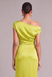 Chartreuse Mermaid One Shoulder Ruched Long Wedding Guest Dress with Slit