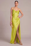 Chartreuse A-Line Spaghetti Straps Long Wedding Guest Dress with Slit