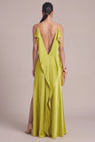 Chartreuse A-Line Spaghetti Straps Long Wedding Guest Dress with Slit