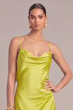 Chartreuse A-Line Spaghetti Straps Long Wedding Guest Dress with Slit