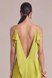 Chartreuse A-Line Spaghetti Straps Long Wedding Guest Dress with Slit