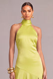 Chartreuse Mermiad High Neck Long Wedding Guest Dress with Slit