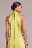Chartreuse Mermiad High Neck Long Wedding Guest Dress with Slit