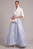 Light Blue A-Line High Neck Jacquad Floral Long Wedding Guest Dress