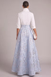 Light Blue A-Line High Neck Jacquad Floral Long Wedding Guest Dress