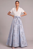 Light Blue A-Line Peak Lapel Jacquard Long Wedding Guest Dress with Bow
