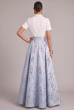 Light Blue A-Line Peak Lapel Jacquard Long Wedding Guest Dress with Bow