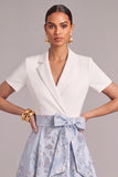 Light Blue A-Line Peak Lapel Jacquard Long Wedding Guest Dress with Bow