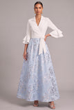 Light Blue Jacquard V-Neck Long A-Line Wedding Guest Dress with Sash