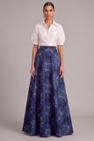 Dark Blue A-Line Collar Neck Puff Sleeves Long Wedding Guest Dress