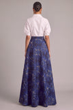 Dark Blue A-Line Collar Neck Puff Sleeves Long Wedding Guest Dress
