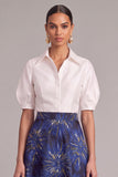 Dark Blue A-Line Collar Neck Puff Sleeves Long Wedding Guest Dress
