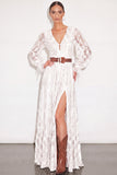 White A Line Lace Floral V Neck Long Boho Wedding Dress with Slit