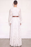 White A Line Lace Floral V Neck Long Boho Wedding Dress with Slit