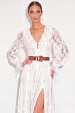 White A Line Lace Floral V Neck Long Boho Wedding Dress with Slit